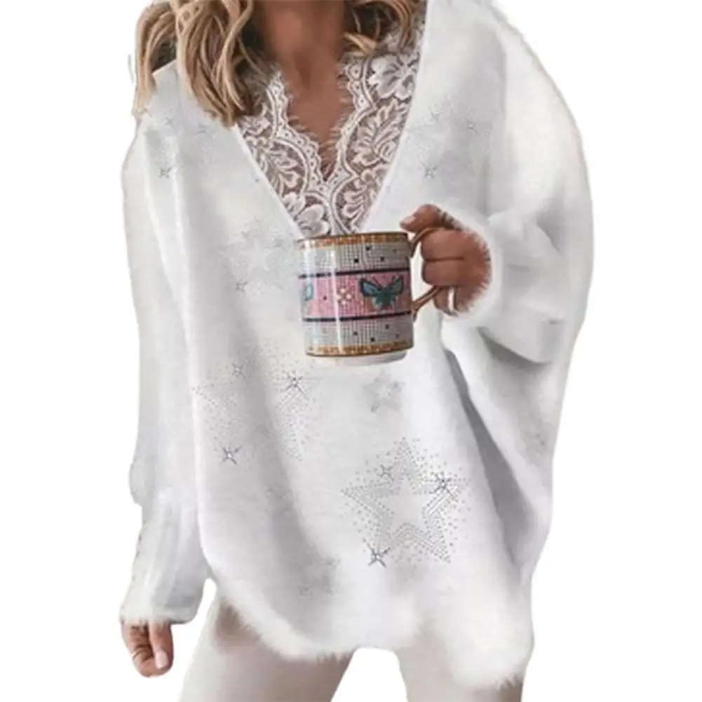 

Women Sweater Elegant Ladies Lace Patchwork Sweater Solid Lace Neckline Autumn Winter Five-pointed Star Pattern V Neck Sweater