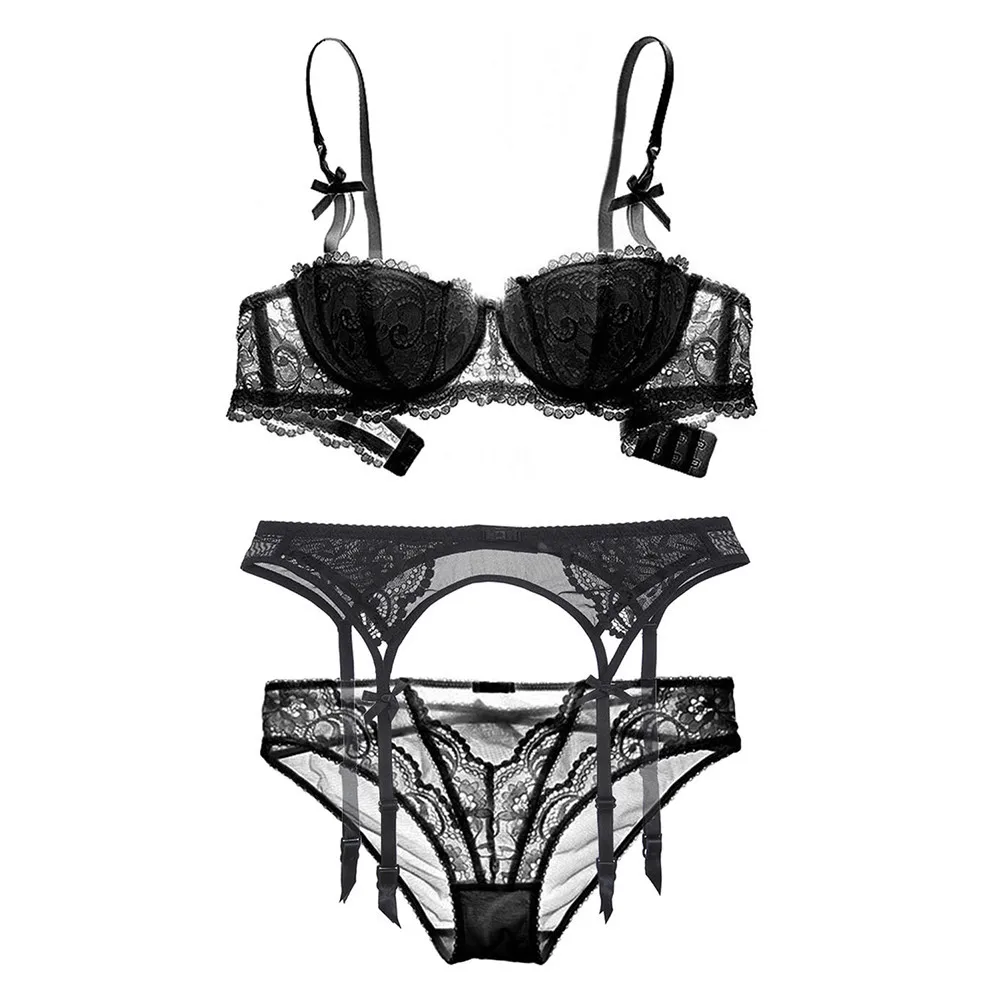 

Женский кружевной комплект с подвязками, бюстгальтер пуш-ап с получашками и трусики, комплект из трех предметов, сексуальное нижнее белье с ...