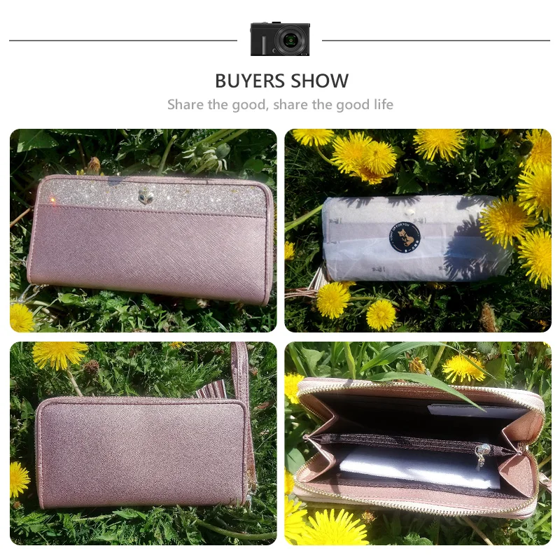 

New Fashion Women's Glitter Cowhide Genuine Leather Long Wallets with Wristle Luxury Female Purse Lady Clutch Cellphone Bag