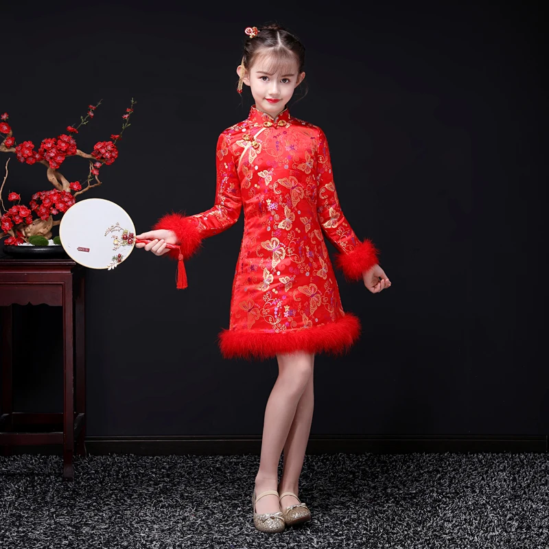 Красное шелковое атласное платье Чонсам для девочек принцессы свадебвечерние