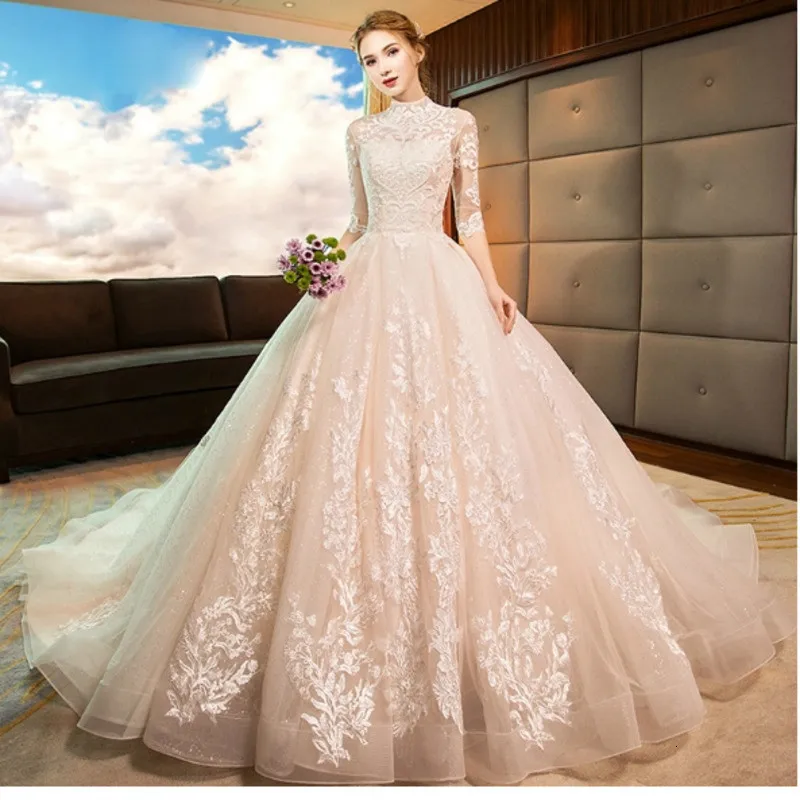 

New Arrival High Neck Ball Gown Wedding Dresses Princess Tulle Hochzeitskleid Tassel Sleeves Abiti da Sposa Sparkly Robe Mariee