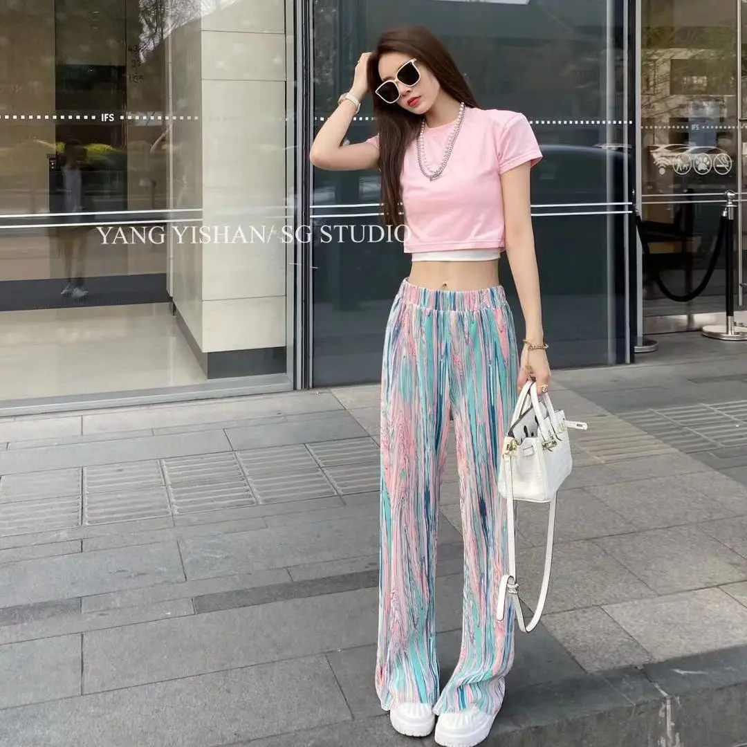 

Wide-Legged Pants Women 's Spring and Autumn Blooming Straight plus Size Loose Korean Casual Draping Split Tie-Dyed Pants