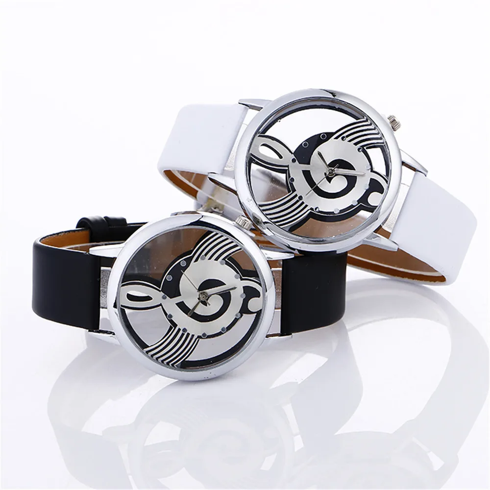 

Lady Womans Wrist Watches simple casual Engraving Hollow stylish Musical Note Painted Leather Bracelet lady bracelet watches