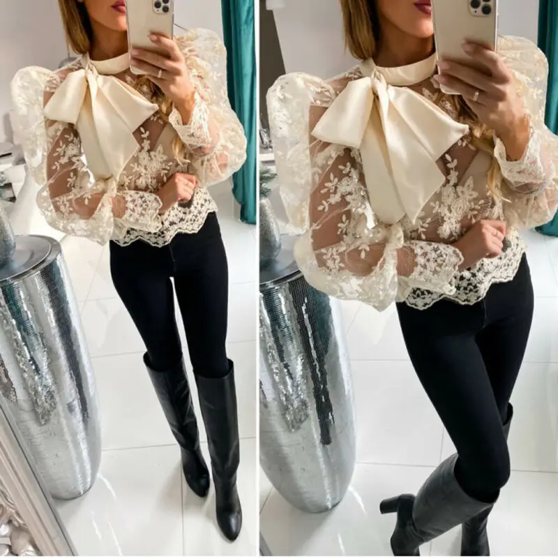 

Women Splicing Mesh Sheer See Through Long Puff Sleeve Blouse Bowknot Lace Print Sexy Shirts Down Tops Autumn New Arrival