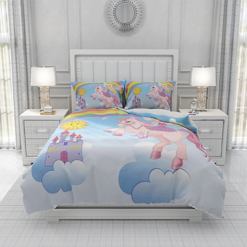 

2021Hot style 3D digital unicorn printing 100% cotton bedding set 1 duvet cover + 1/2 pillowcases bed in a bag US/EU/AU size.