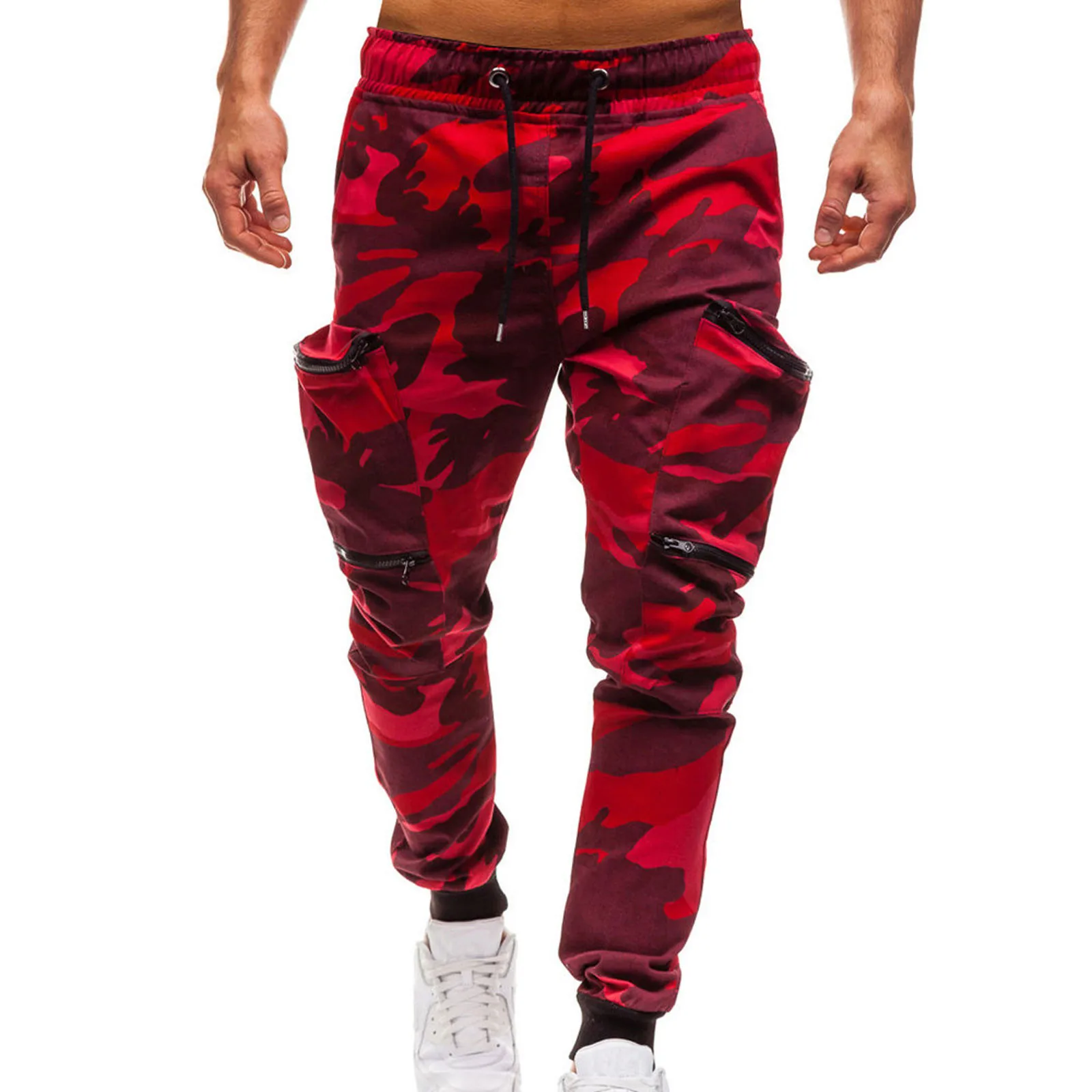 

Men's Camouflage Print Lace-up Mid Waist Fleece Lined Workout Pants with Pocket