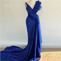 new arrival dubai arabic royal blue mermaid evening dresses v neck ruffles sequins evening gowns formal dress vestidos
