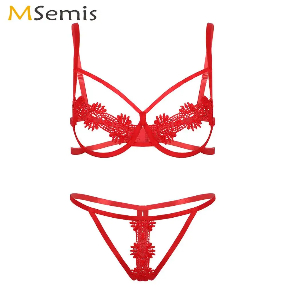 

Women Erotic Lenceria Nightwear Porno Hollow Out Bare Breast Bra with Open Butt G-String Briefs Exotic Apparel Lace Lingerie Set