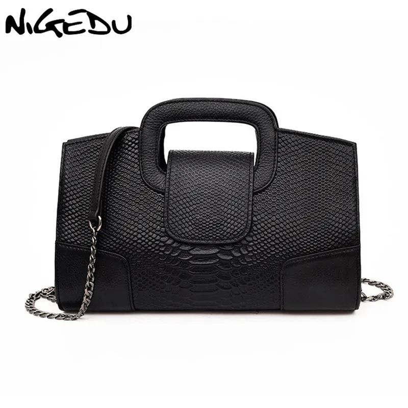 

NIGEDU Brand Crocodile women handbag Luxury party ladies PU Leather Shoulder Bag women Chain Messenger Bag black