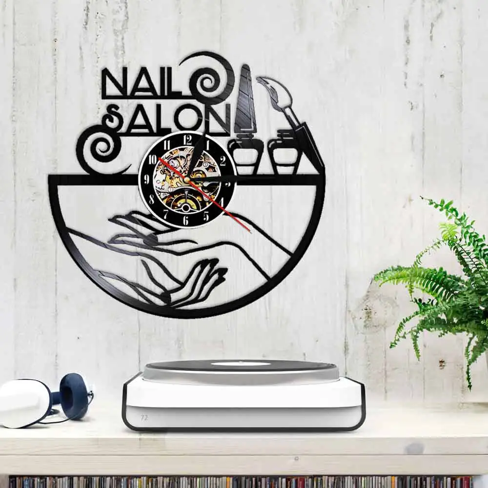 Nail Salon Vinyl Record Wall Clock Beauty Salon Decor Wall Watch Wall Hanging Polish Laser Cut Clock Gift For Girls Manicurist