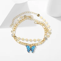 2pcsset boho trendy gold link chains punk style blue butterfly charming pendant bracelet sets bangle jewelry for women