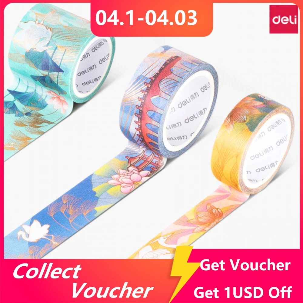 

Deli 3-roll Tape Boxed Paper Tape Fresh-Hand Account Tape Hand Account DIY Decoration Washi Tape Ancient Style Stationery Gift
