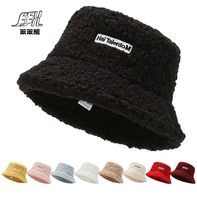 

Bucket hat children's winter lamb wool warm embroidered letter fisherman's hat Japanese leisure shopping tourism cold proof