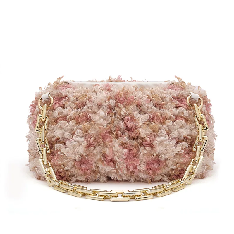 New Fashion Lambswool Women's Shoulder Bag for 2021 Winter Warm Plush Mixed Colors Stylish Female's Handbag Chain Ladies | Багаж и