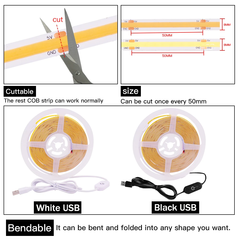 DC5V USB Powered LED COB Strip Light with ON/OFF Switch Dimmable Tape High Density 320Leds Ribbon FOB Linear for Decor | Лампы и