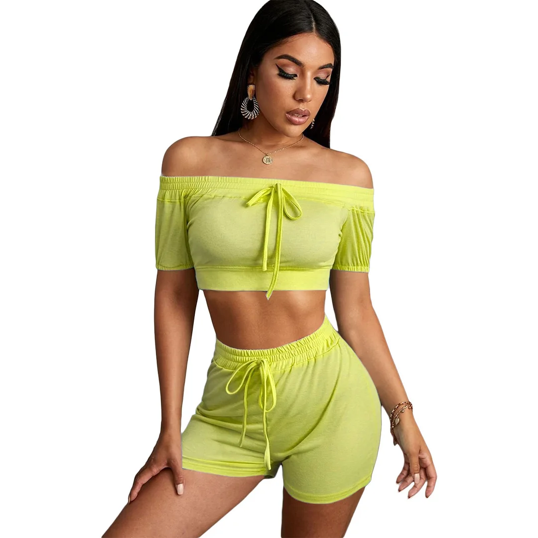 

Zoctuo однотонный комплект из двух предметов для женщин 2020 летний спортивный костюм с воротником-лодочкой комплект из двух предметов с коротк...