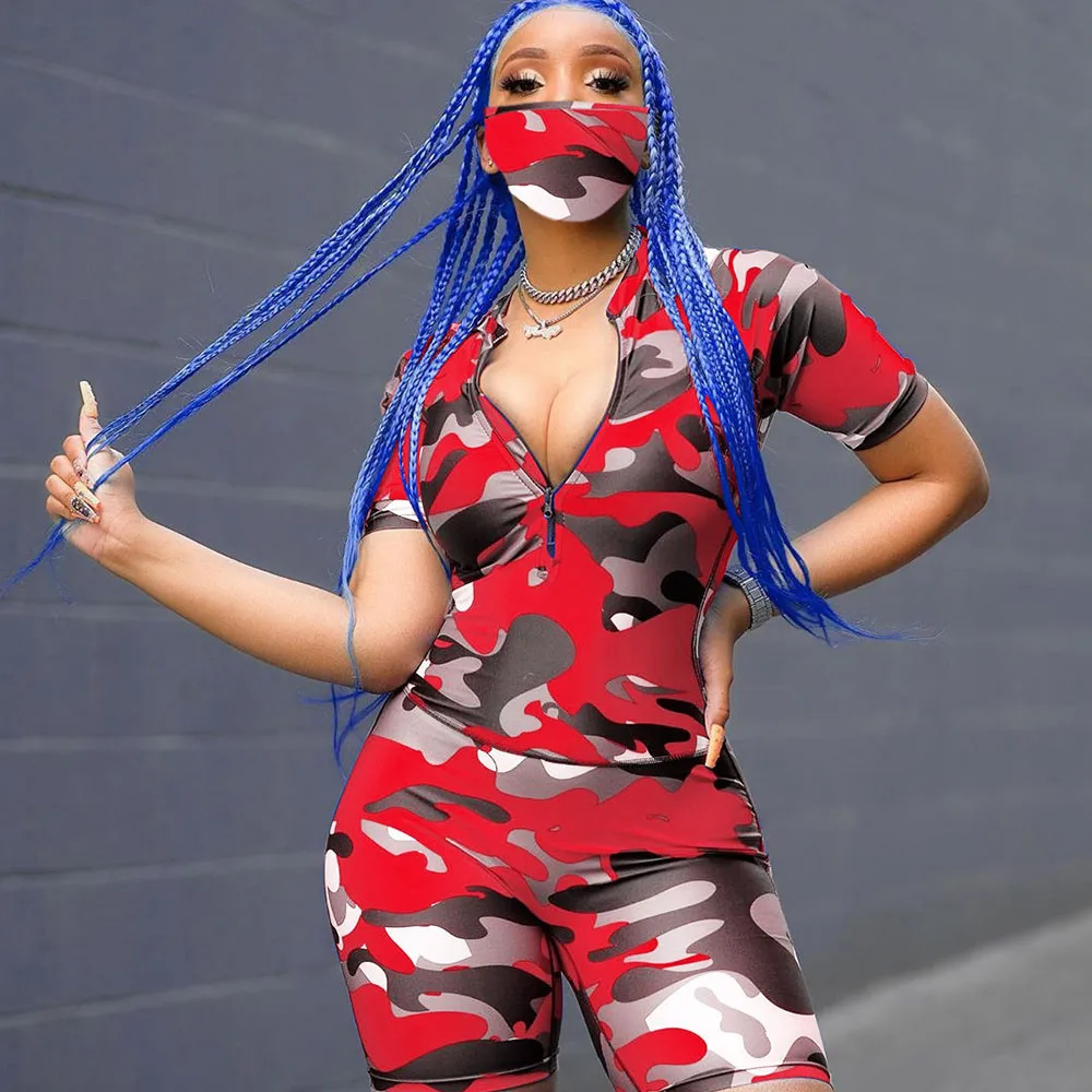 

Sportswear Camouflage Print Two Piece Set Women Sport Suit Zip Top and Biker Shorts Fitness Casual Matching Sets Dresy Damskie