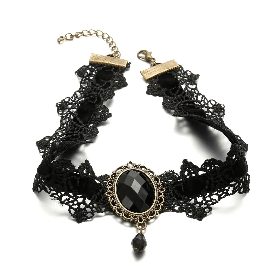 BLACK Короткие кружевные ожерелья и подвески для женщин, черные бусы, готическое колье LX077 - Окраска металла: BLACK