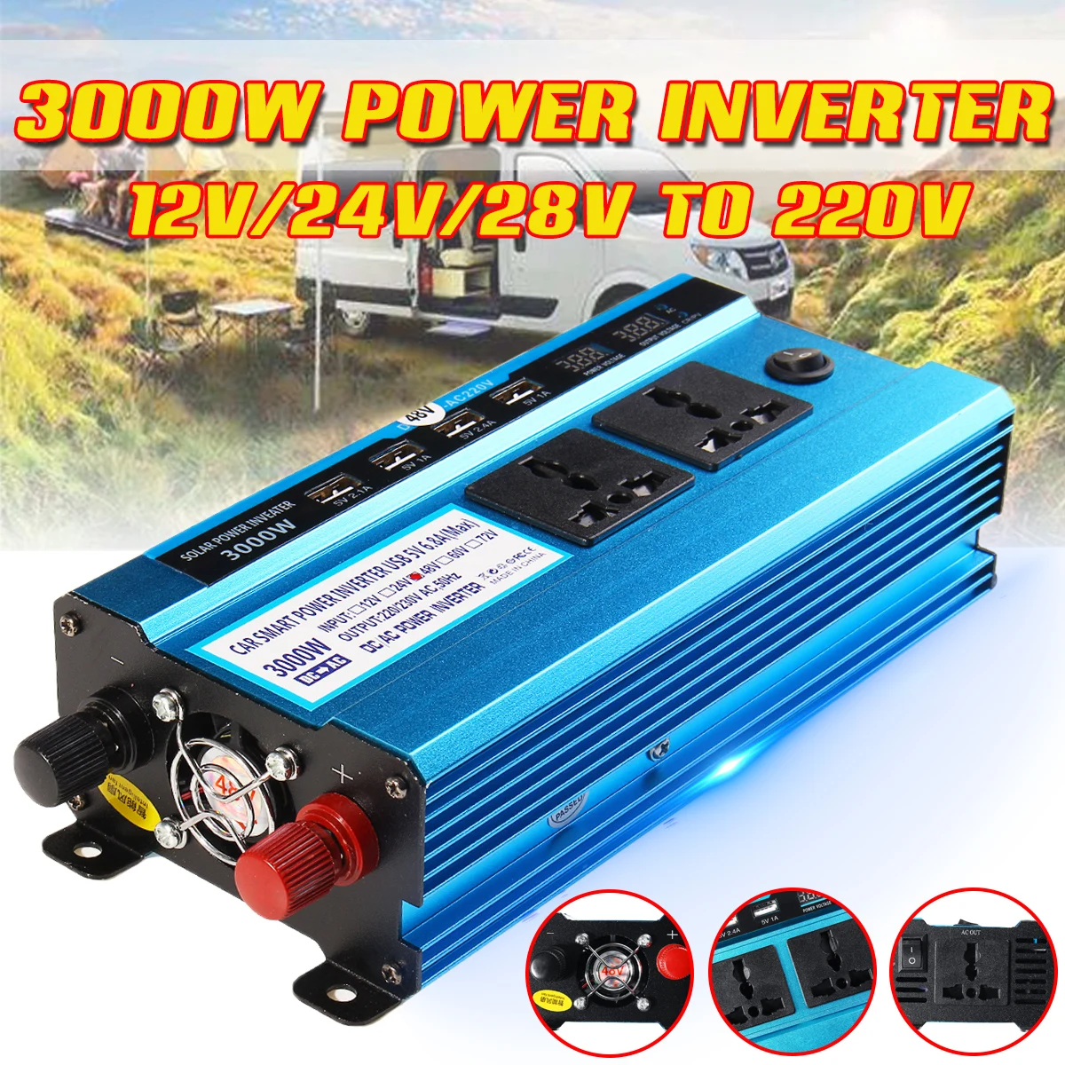 

3000W Car Inverter DC 12/24/48V To AC 220V Voltage Convertor Transformer Solar Double LCD Display 4USB Power Inverter