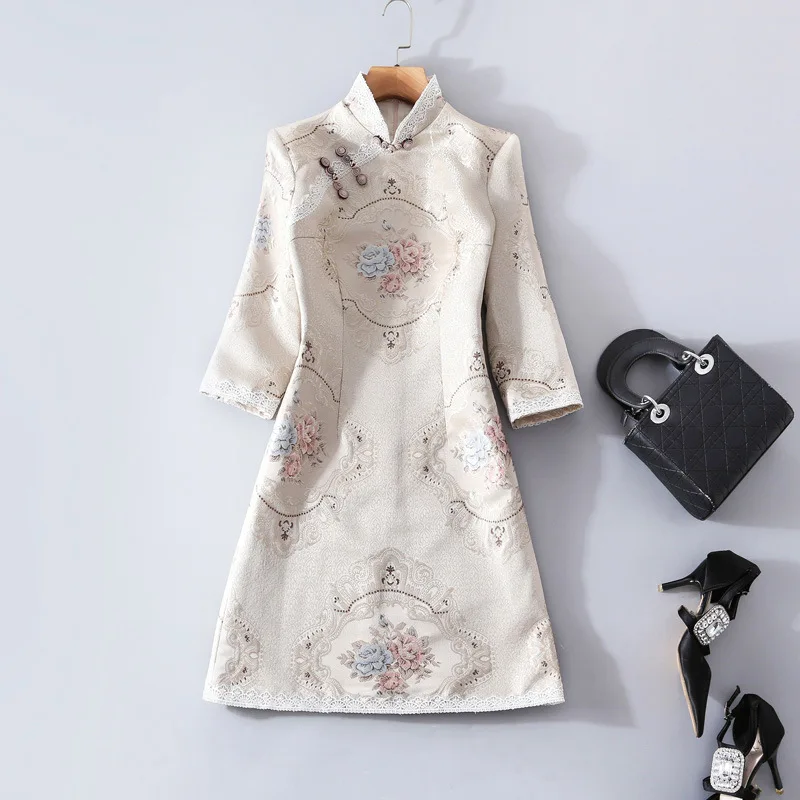 

H.RONG.X Traditional Chinese Retro Improved Cheongsam Dress Elegant Bodycon Lace Spring Qipao Autumn Orient Women Party Chipao L