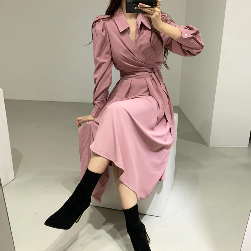 Spring Summer 2021 New Women Dress Long Sleeve Turn Down Collar Shirt Lace Up Ladies Casual Dresses Vestidos | Женская одежда