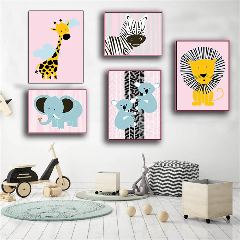 Плакат с мультяшными животными жираф Лев печать на холсте Минималистичная