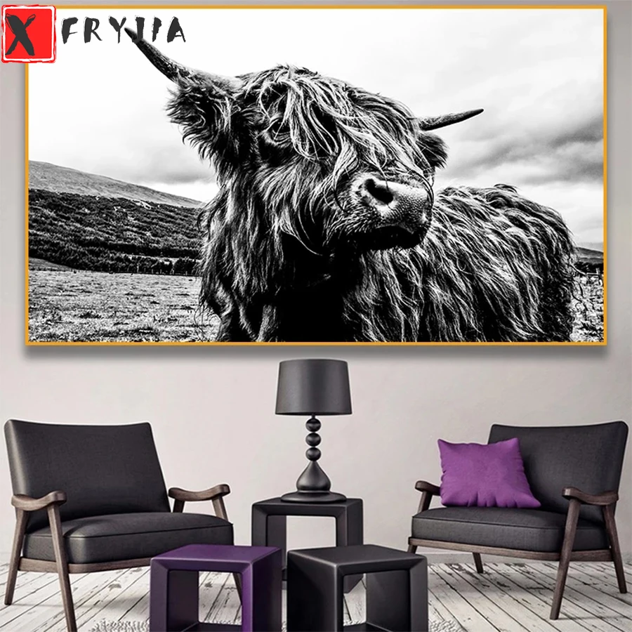 

Full Square Diamond Painting Black and white animal art, highland cattle Mosaic Needlework Diamond Embroidery Sale Home Decor