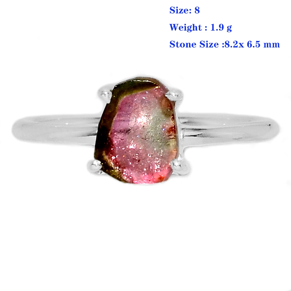 

Genuine Watermelon Tourmaline Slice Ring 925 Sterling Silver Women Jewelry Gift