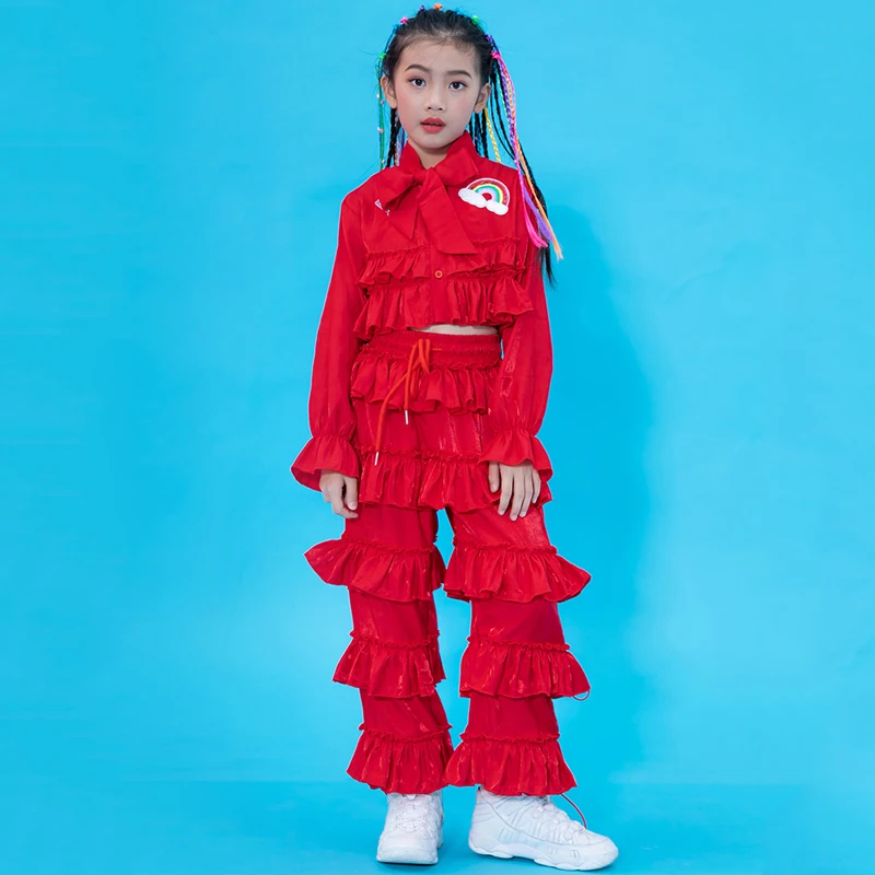Танцевальные костюмы в стиле хип хоп для девочек детский красный топ брюки