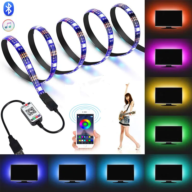 Светодиодная лента RGB 5050 с Bluetooth-управлением, USB, Гибкая лампа, 5 В, лента, Диодная лента для фестиваля, комнаты, компьютера, ТВ, настольного освещения