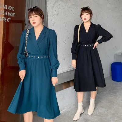 

Новое Женское осеннее плиссированное платье размера плюс с высокой талией и тонкими пышными рукавами размера плюс xxxxl