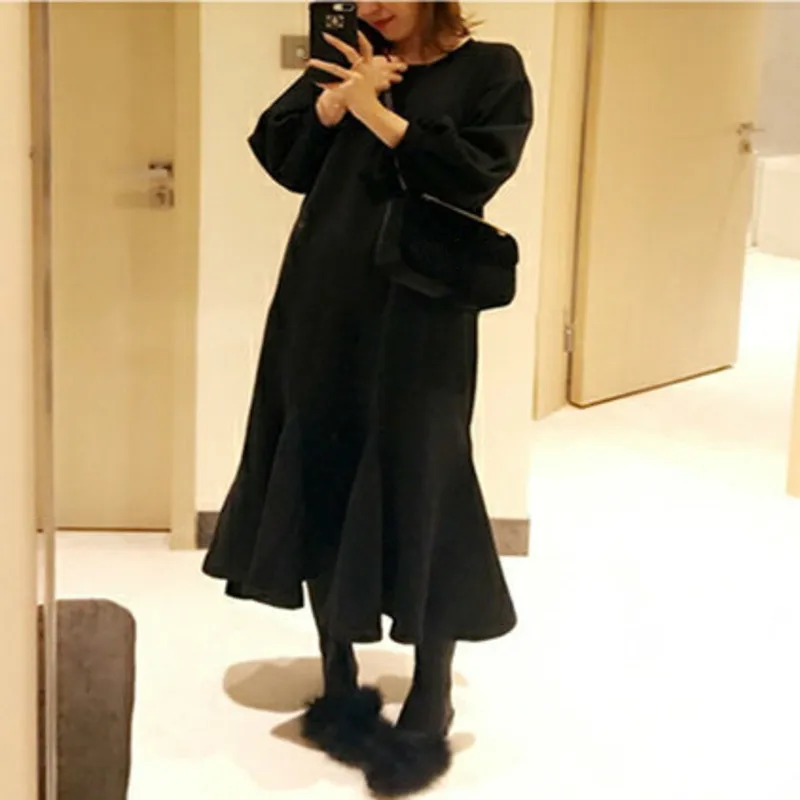 LANMREM 2020 New autumn O-neck Solid Color Mid-length Ruffled Fishtail Dress High Street Temperament Loose Big Size PD067 | Женская