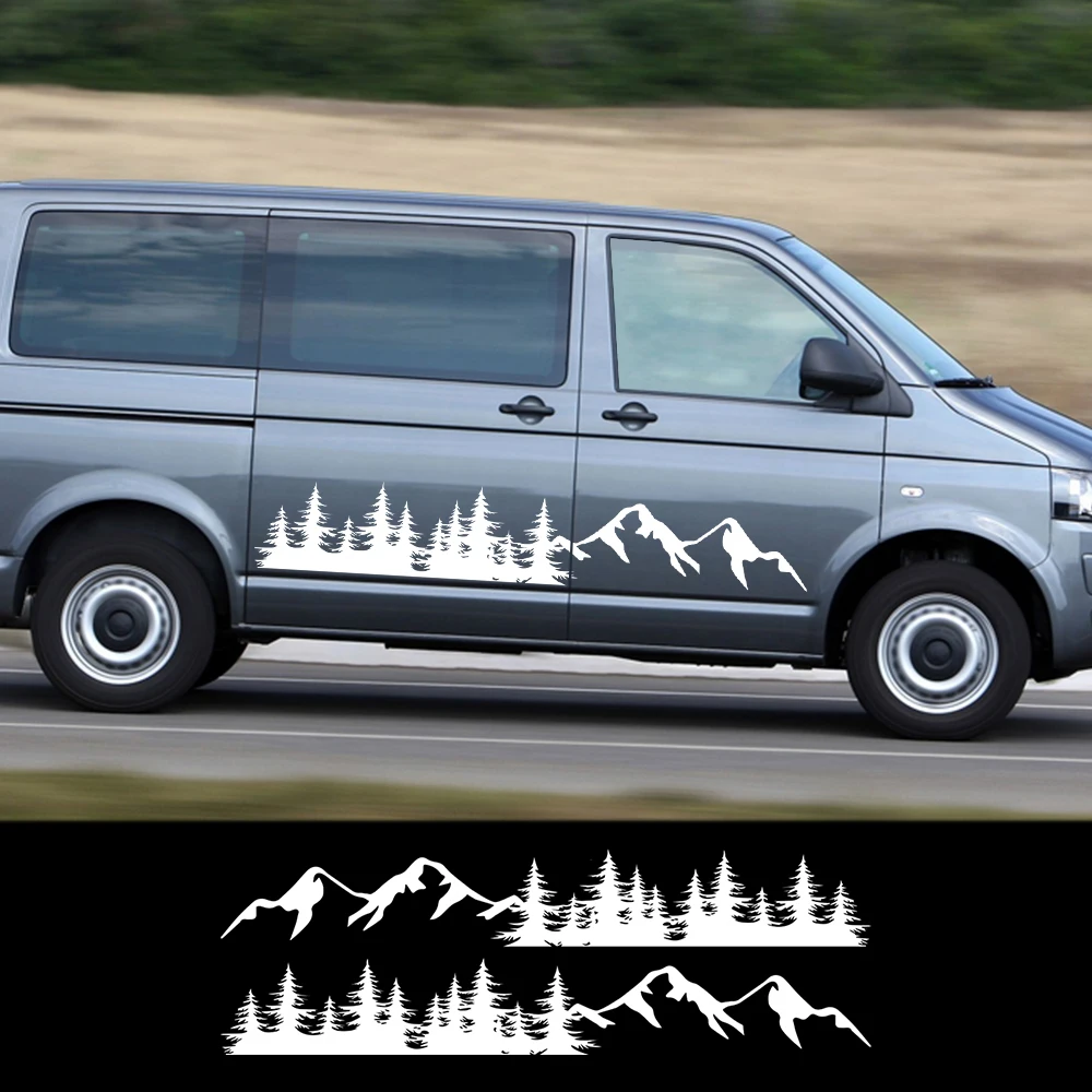 

2PCS Auto Accessories Tree Mountain Decal Forest Door Side Car Stickers for TRANSPORTER T5 T6 Toyota Elfa Volkswagen VW Multivan