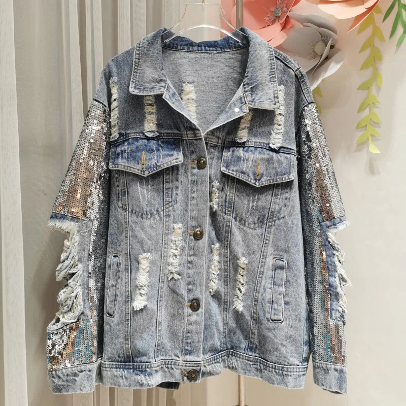 Women Spring and Autumn Ripped Sequins Loose Fashion Jeans Coats Women Y705