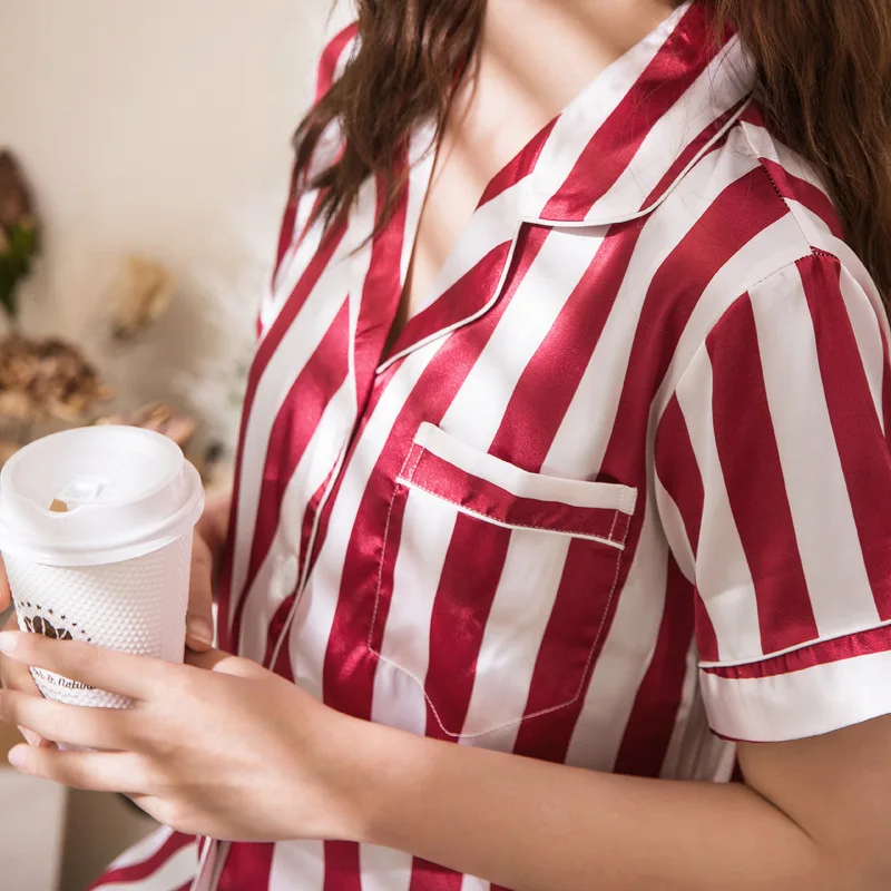 Пижамный комплект в полоску Женский одежда для сна из искусственного шелка с