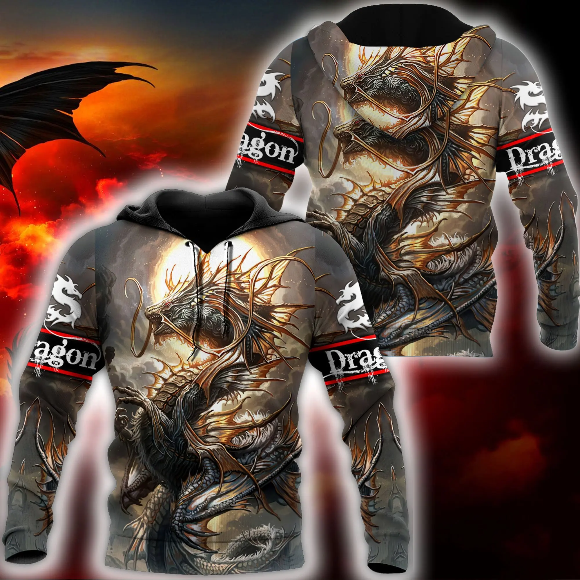 Худи мужское с 3D-принтом дракона на молнии DW0519 | Мужская одежда