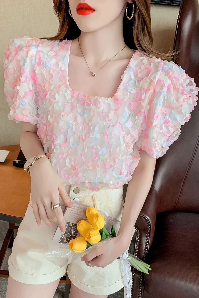 

2021 Summer New Design Mesh Short Puff Sleeve Elastic Loose One Shoulder Top Sexy Noble Lady Dating Office Shirt Woman Clothes