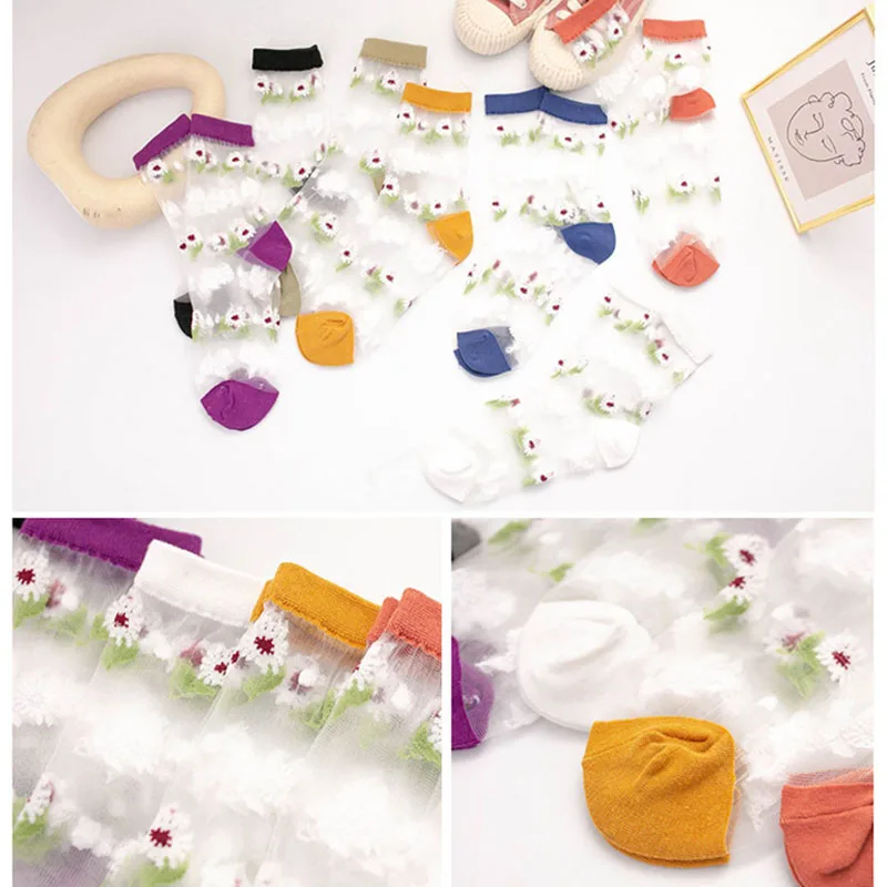 Silk Ultrathin Mid Tube Socks 1Pair Embroidered Flower for Women Transparent Breathable Summer Sock Nice Gift | Женская одежда