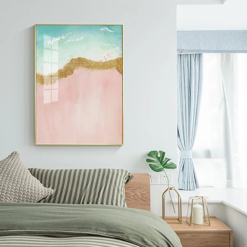 Простой скандинавский абстрактный розовый акварель морской пляж Золотая фольга