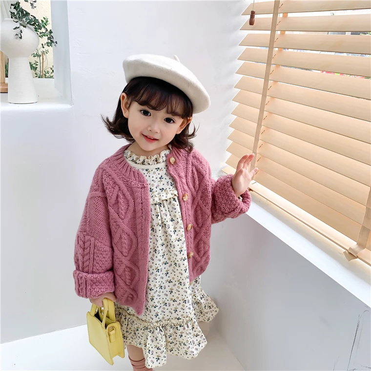 

Autumn Children's Korean Sweater Jacket Girls Short Thick Wool Cardigan Pure Color Twist Knit Sweater Sweet Girls Top