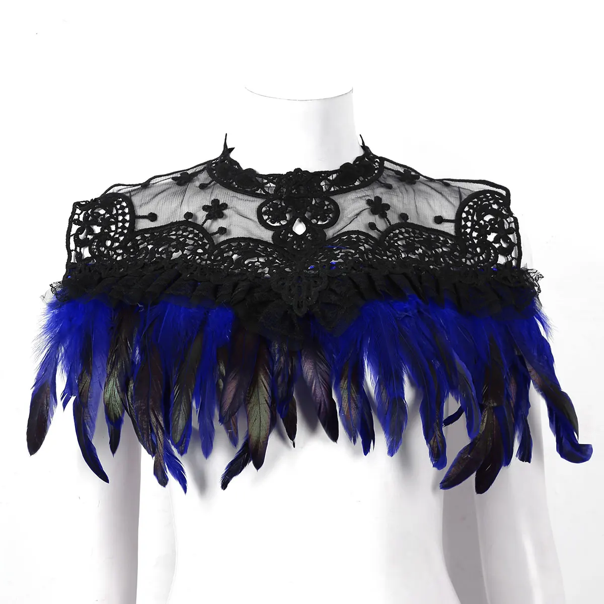 MSemis-Collar gótico victoriano con plumas naturales, arnés de encaje bordado, con lazos de cinta para disfraz de Halloween