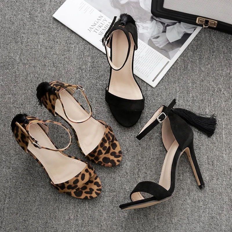 

Comfort Shoes for Women Luxury Sandals Summer Heels Tassel Buckle Strap Fashion Girls Velvet Leopard 2021 Stiletto Fringe High C