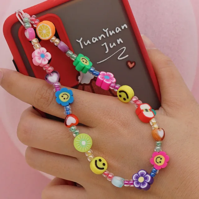 

Colorful Smile Pearl beaded Soft Pottery Rope For Cell Phone Case With Chain And Pearls For Women Phone Bead Charm Wrist Strap