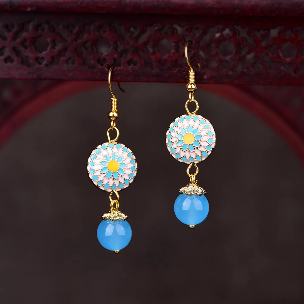 Оригинальные закаленные висячие серьги в китайском стиле синяя подвеска