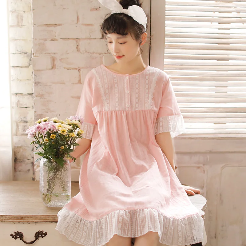 

2021 Summer New Pajamas for Women Princess Style Short-Sleeved Nightdress Cotton Round Neck Lace Girl Sleeping Dress 3 Colors