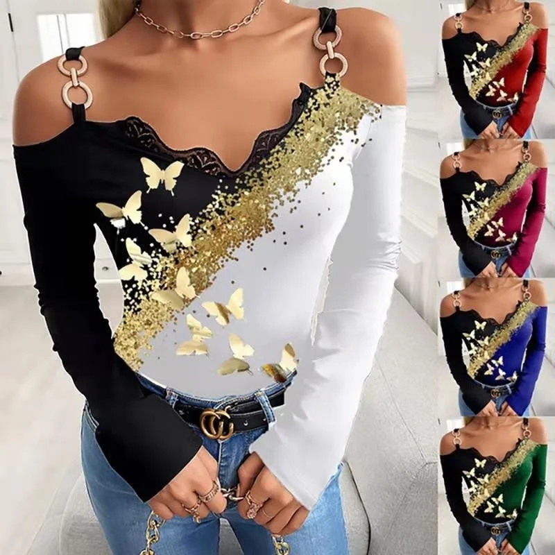 

2021 Women's Autumn New Bronzed Butterfly Print Off Shoulder Top Tshirt
