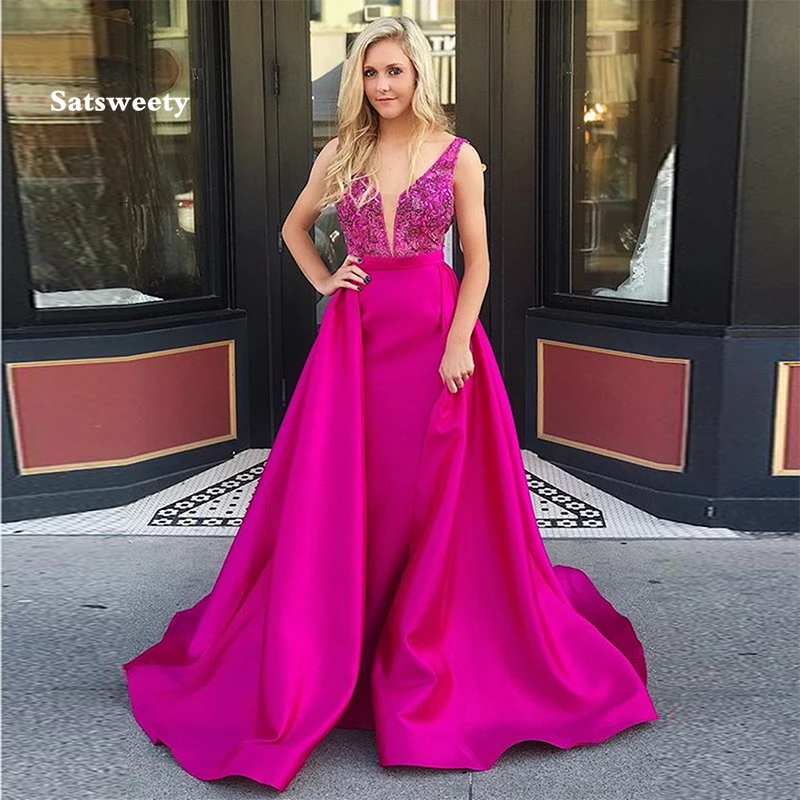 

Long Peachblow Prom Dresses V-neck Sleeveless Evening Gowns Backless Sweep Train 2022 Women Formal Party Dress Delicate Beading