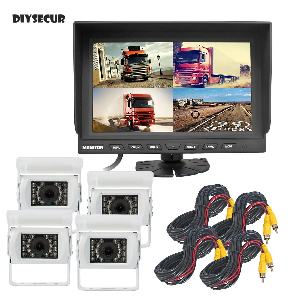 

DIYSECUR 9inch Split Quad Display Rear View Monitor Car Monitor + 4 x CCD IR Night Vision Rear View Car Camera for Car Truck Bus