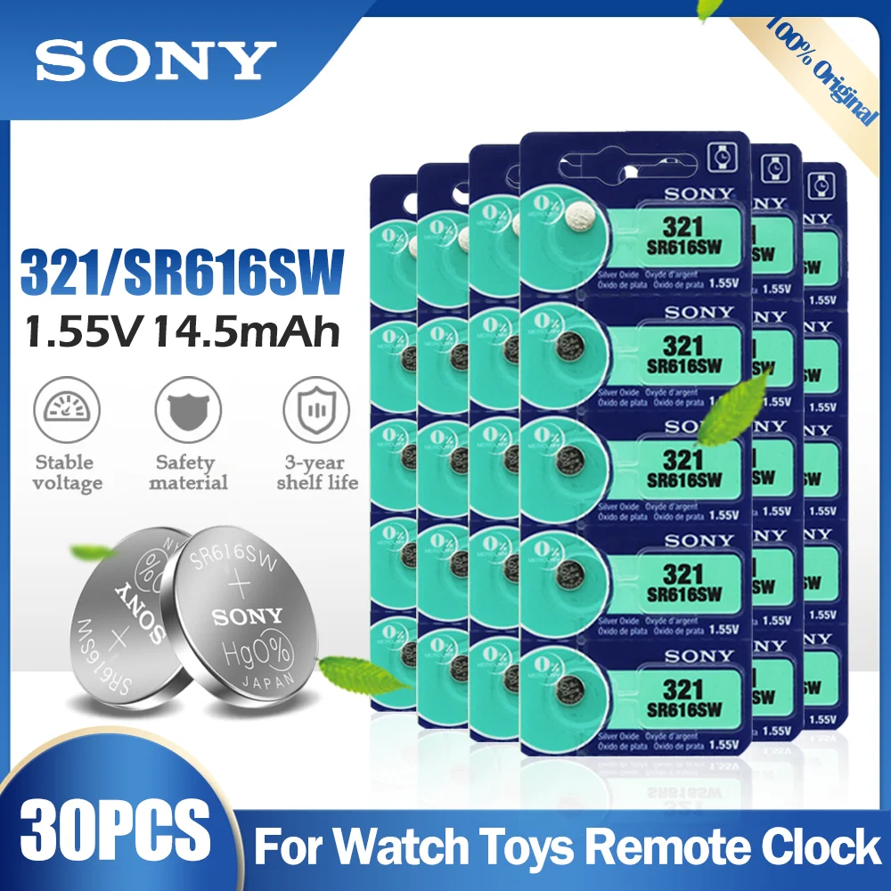 30 шт. оригинальный Sony 321 SR616SW SR616 14 5 мА/ч 1 55 V оксида серебра Батарея для часы с