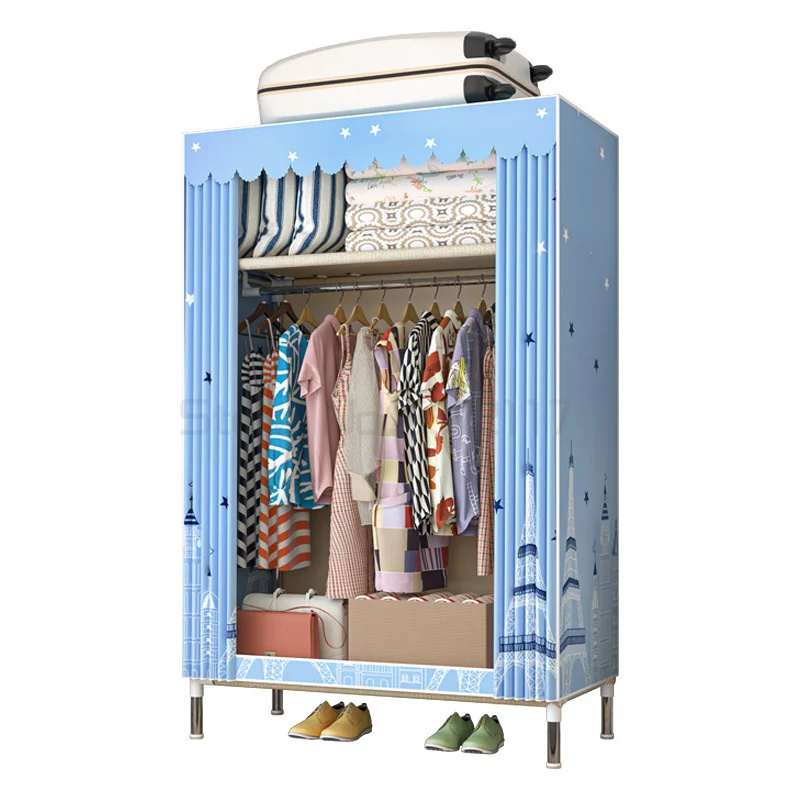 

Simple wardrobe modern simple cloth wardrobe steel pipe thickening reinforcement storage hanging cabinet for rental room